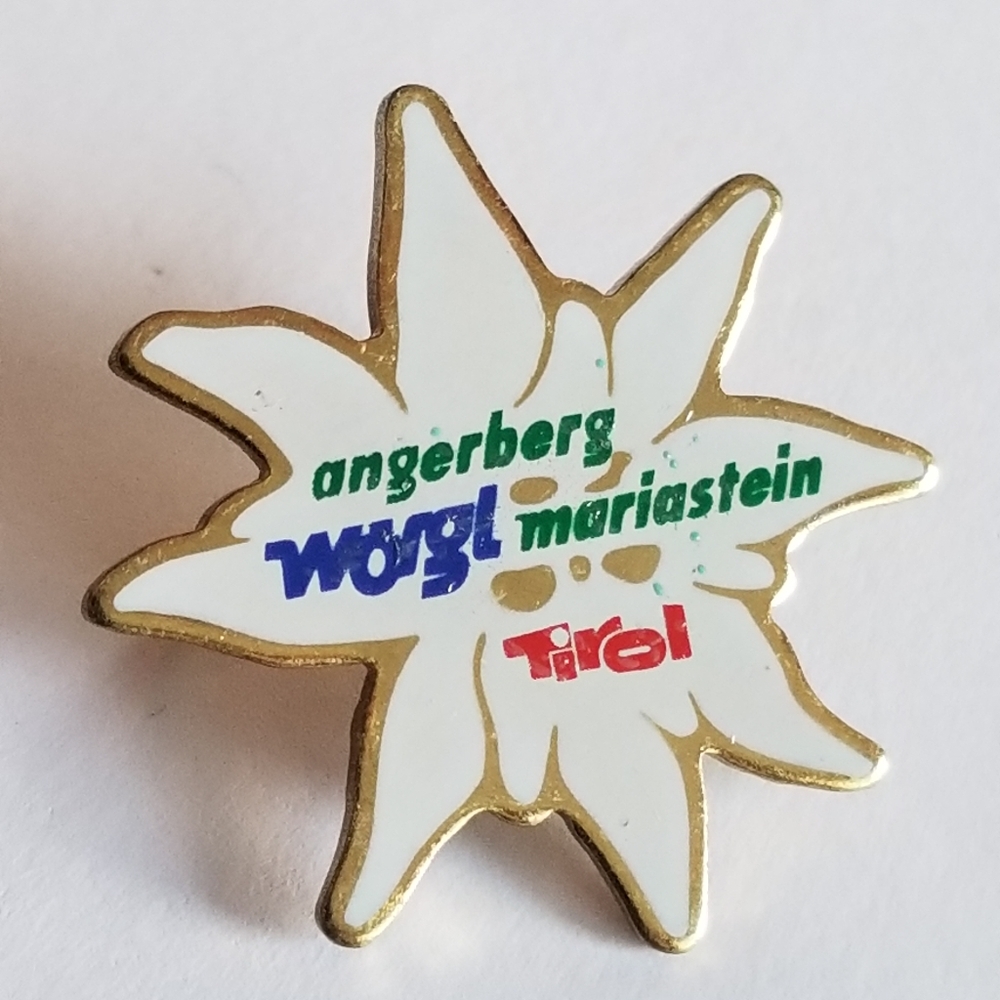 Vintage pin Angerberg Mariastein Tirol Edelweiss flower swiss alpine ski skiing